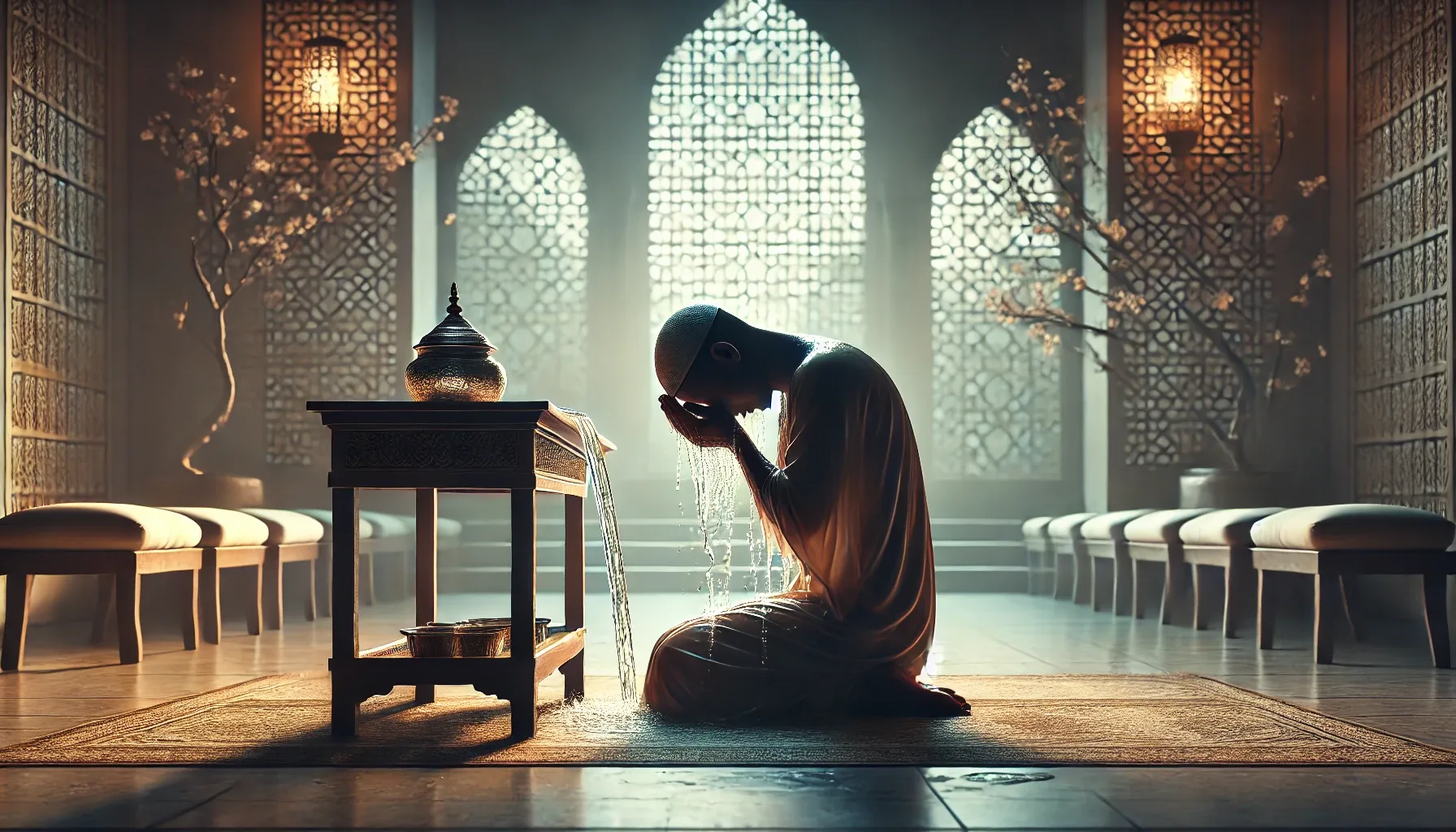 Douche représentant le ghusl, bain rituel islamique de purification complète