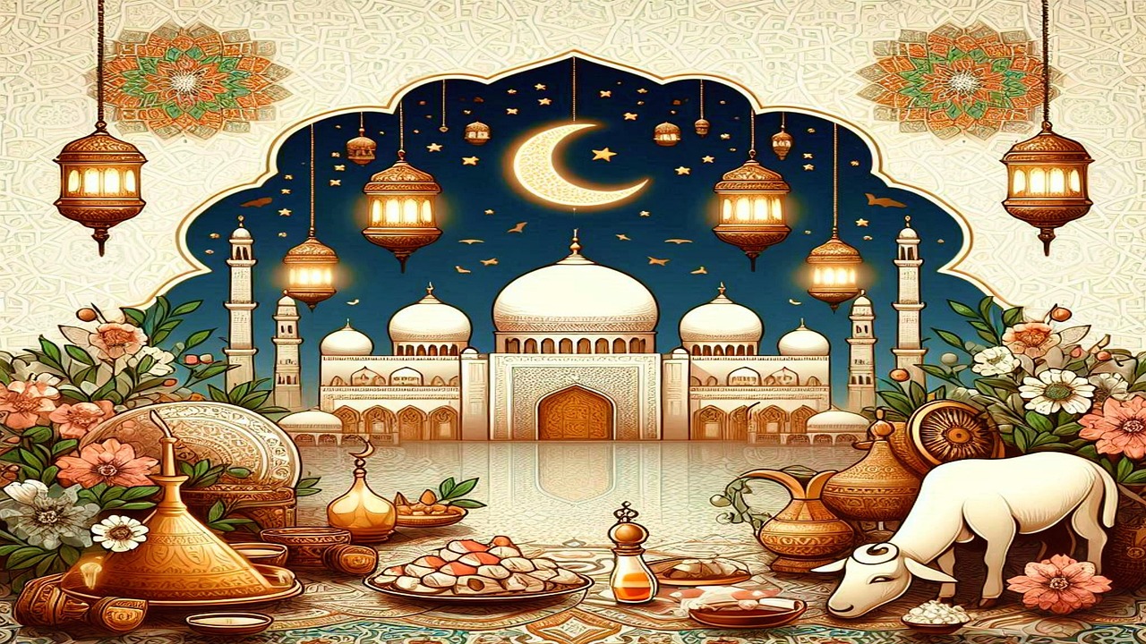 Illustration artistique des jardins du Paradis islamique avec fleurs, rivières et lumière dorée