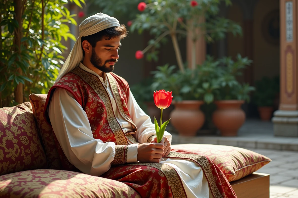 Tulipes rouges dans un jardin ottoman avec une mosquée en arrière-plan